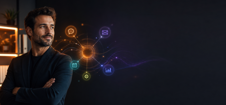 Business consultant connected to digital communication, automation and analytics tools