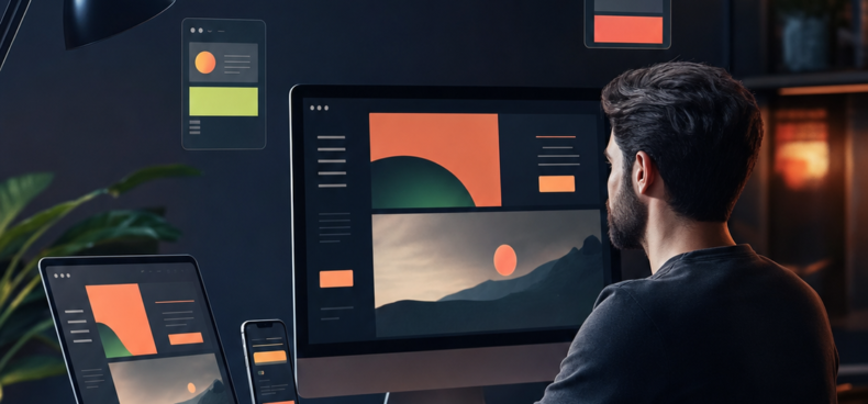 Web developer designing responsive websites across desktop tablet and mobile