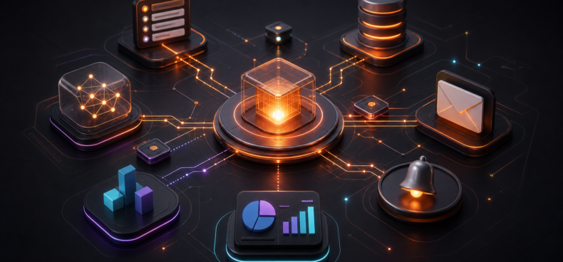 Workflow automation hub connecting CRM, forms, email, analytics and notifications