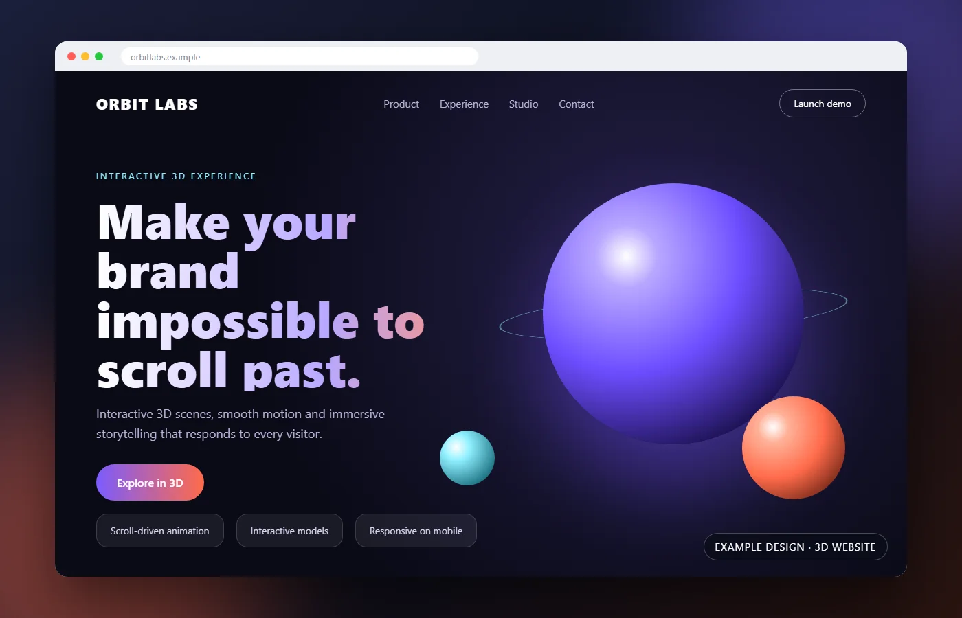 Example 3D website design with interactive spheres and motion