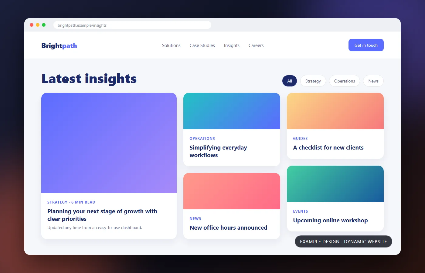 Example dynamic website design with a blog and news section