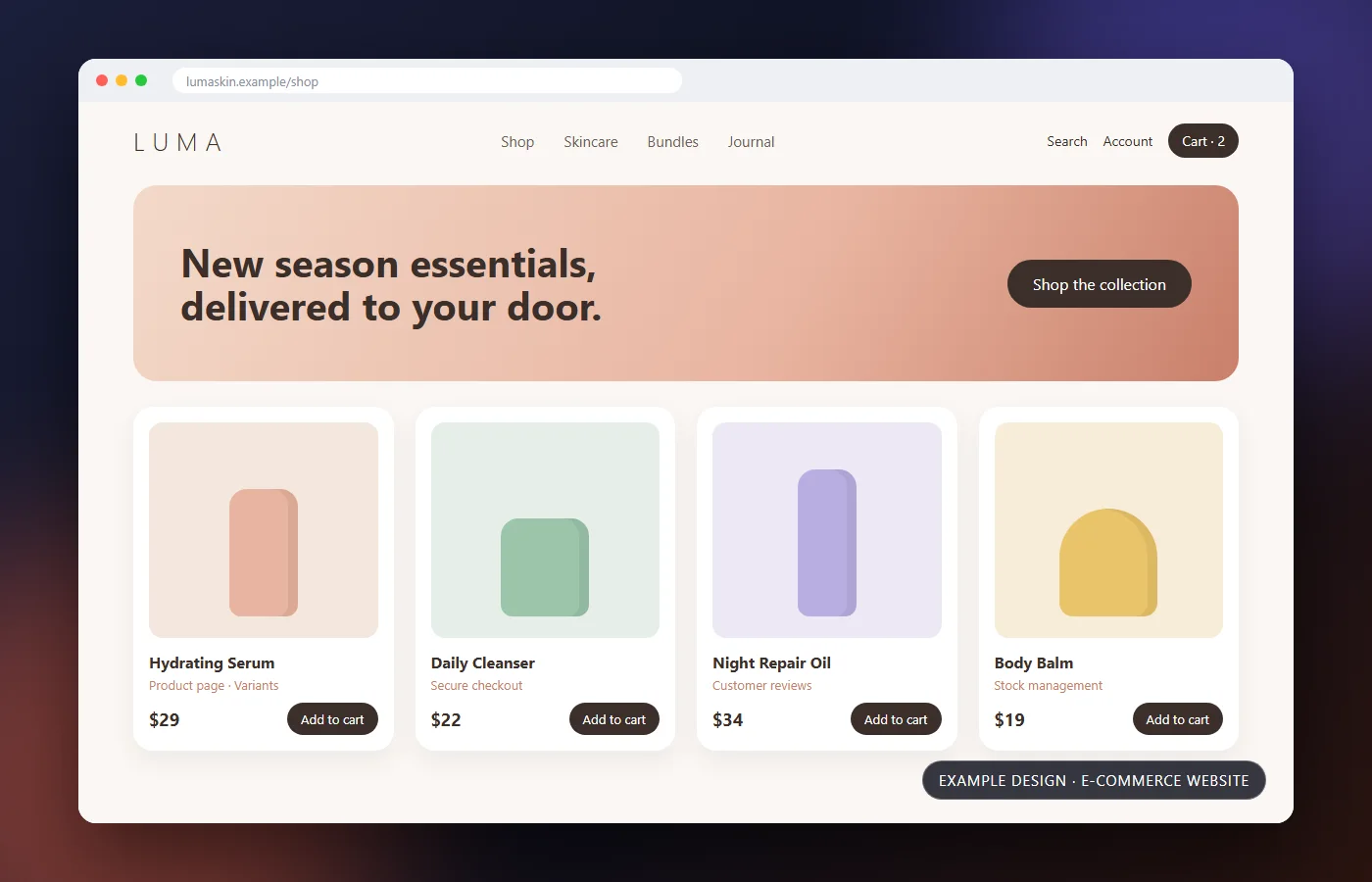 Example e-commerce website design with product cards and shopping cart
